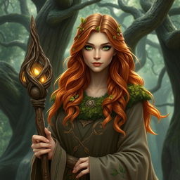 Create an image of Lyra Willowbranch, a serene and wise female druid