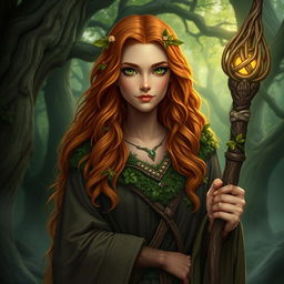 Create an image of Lyra Willowbranch, a serene and wise female druid