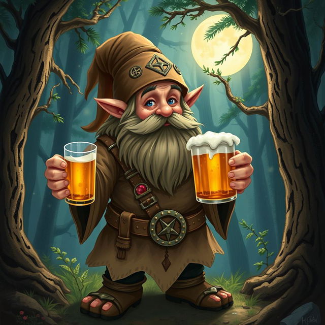 A dwarf druid from the circle of the moon, holding a mug of beer