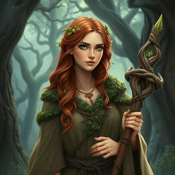 Create an image of Lyra Willowbranch, a serene and wise female druid