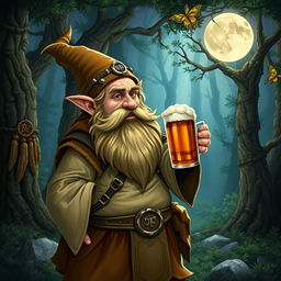 A dwarf druid from the circle of the moon, holding a mug of beer