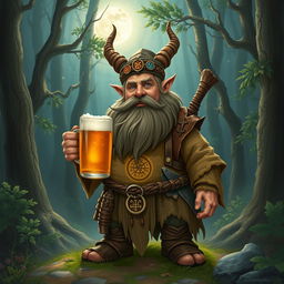 A dwarf druid from the circle of the moon, holding a mug of beer