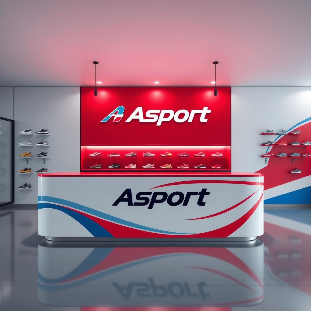 Design a counter with the Asport logo for a sports shoe store