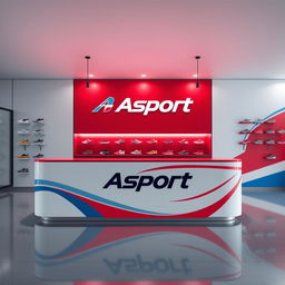 Design a counter with the Asport logo for a sports shoe store