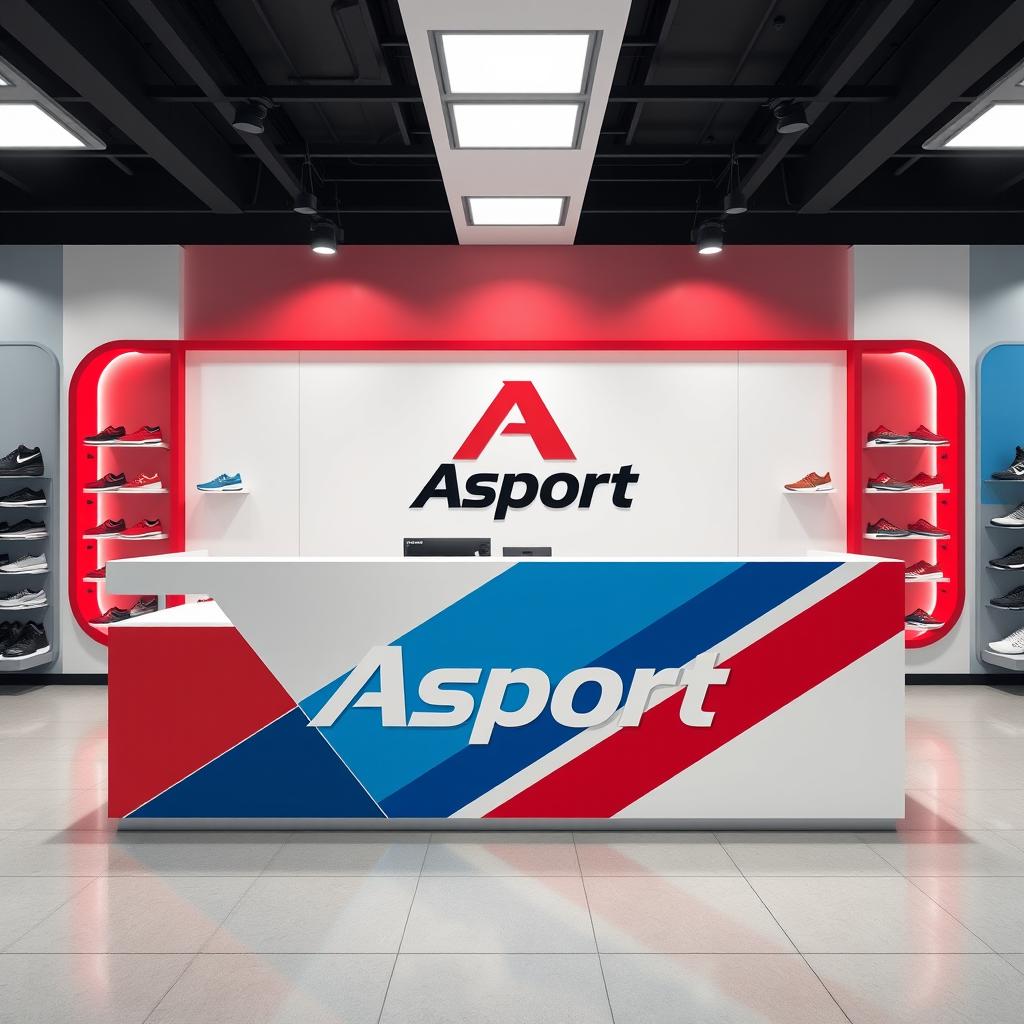 Design a counter with the Asport logo for a sports shoe store