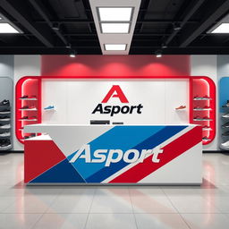 Design a counter with the Asport logo for a sports shoe store