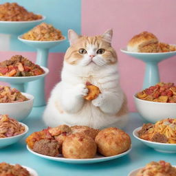 Adorably chubby cats indulging in a feast of flavorful and colorful food.