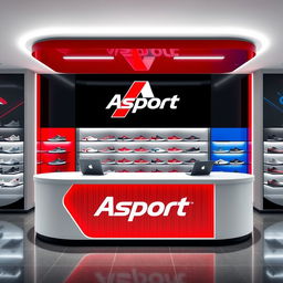 Design a counter with the Asport logo for a sports shoe store