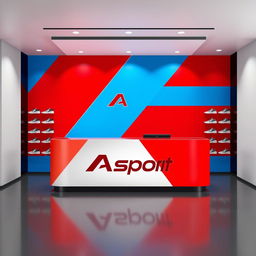 Design a counter with the Asport logo for a sports shoe store