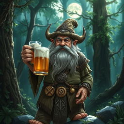 A dwarf druid from the circle of the moon, holding a mug of beer