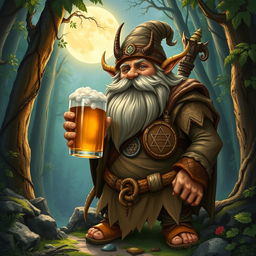 A dwarf druid from the circle of the moon, holding a mug of beer