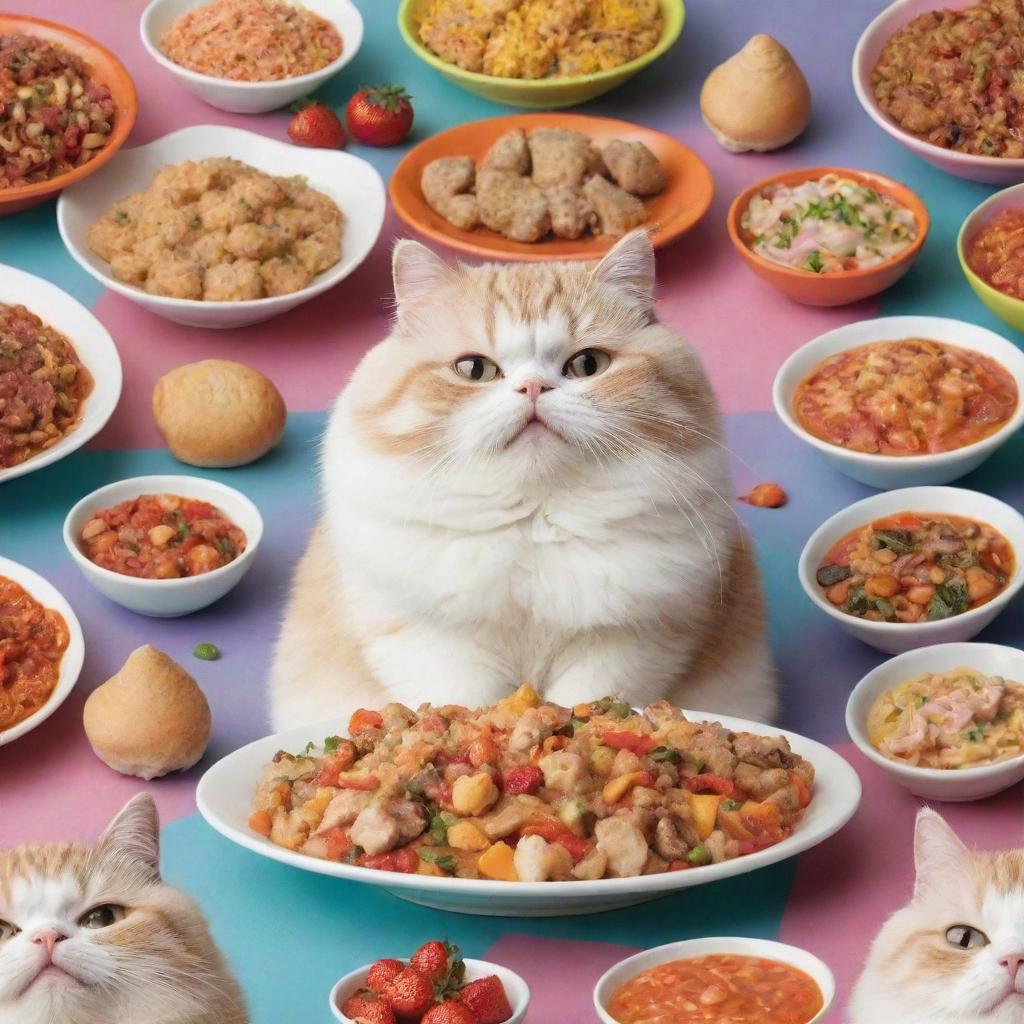 Adorably chubby cats indulging in a feast of flavorful and colorful food.