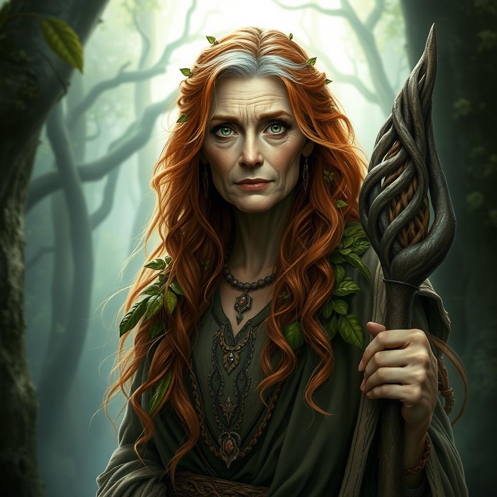 Create an image of Lyra Willowbranch, an older female druid with an aura of wisdom and serenity