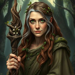 Create an image of Lyra Willowbranch, an older female druid with an aura of wisdom and serenity