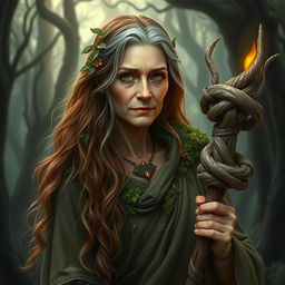 Create an image of Lyra Willowbranch, an older female druid with an aura of wisdom and serenity