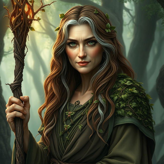 Create an image of Lyra Willowbranch, an older female druid with an aura of wisdom and serenity