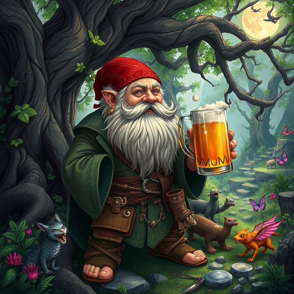 A detailed fantasy illustration featuring a dwarf druid from the Circle of the Moon