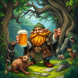 A detailed fantasy illustration featuring a dwarf druid from the Circle of the Moon