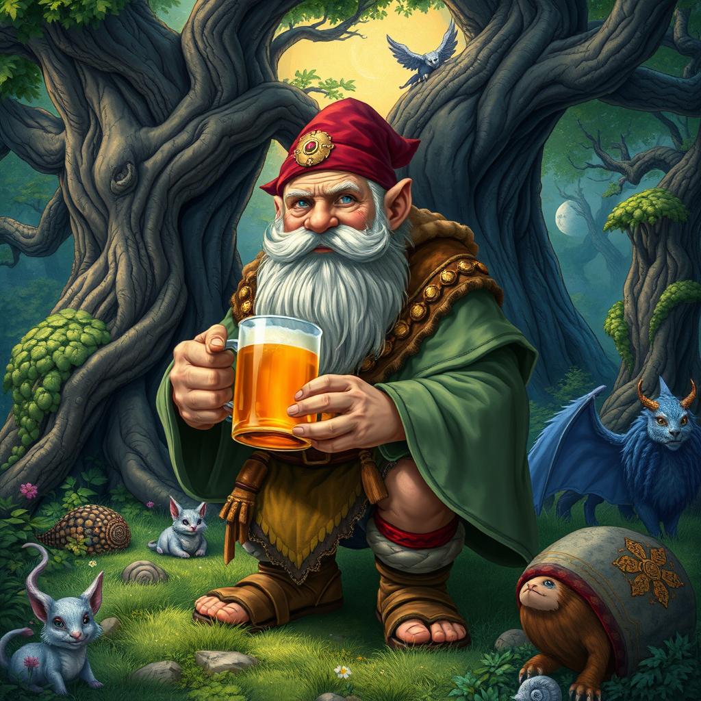 A detailed fantasy illustration featuring a dwarf druid from the Circle of the Moon