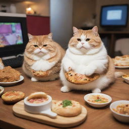 Rotund and charming cats immersed in video games, alongside a variety of delicious food.