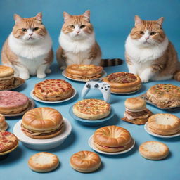 Rotund and charming cats immersed in video games, alongside a variety of delicious food.