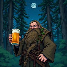 A dwarf druid from the circle of the moon, holding a mug of beer