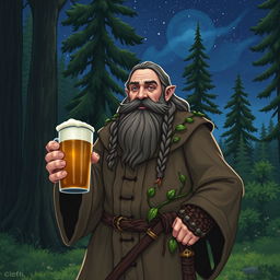 A dwarf druid from the circle of the moon, holding a mug of beer