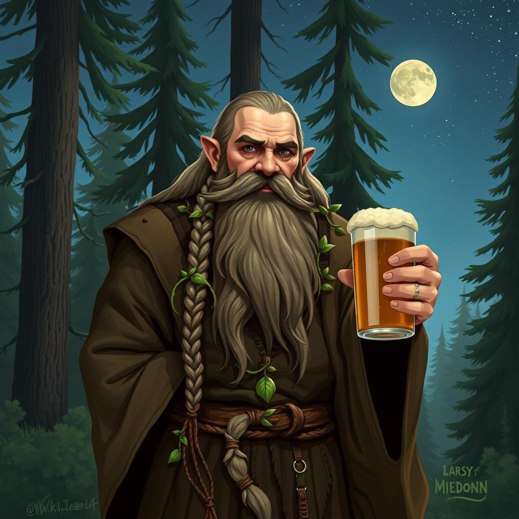 A dwarf druid from the circle of the moon, holding a mug of beer