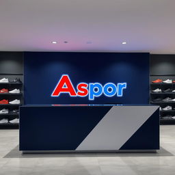 Design a counter with the Asport logo for a sports shoe store