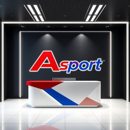 Design a counter with the Asport logo for a sports shoe store