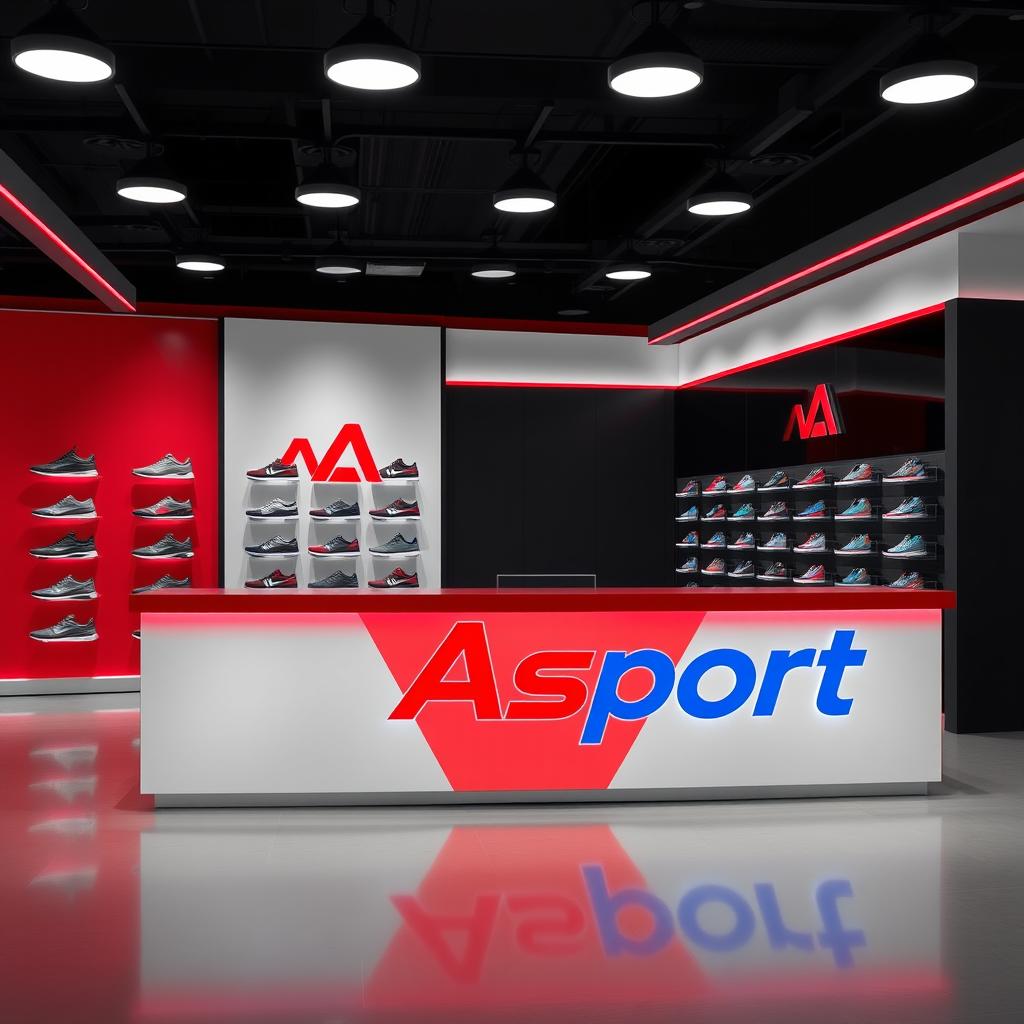 Design a counter with the Asport logo for a sports shoe store