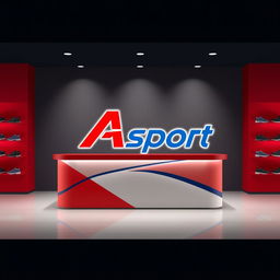 Design a counter with the Asport logo for a sports shoe store