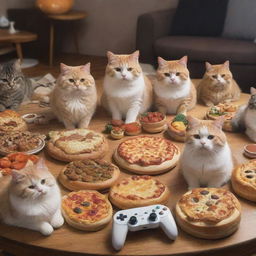 Rotund and charming cats immersed in video games, alongside a variety of delicious food.