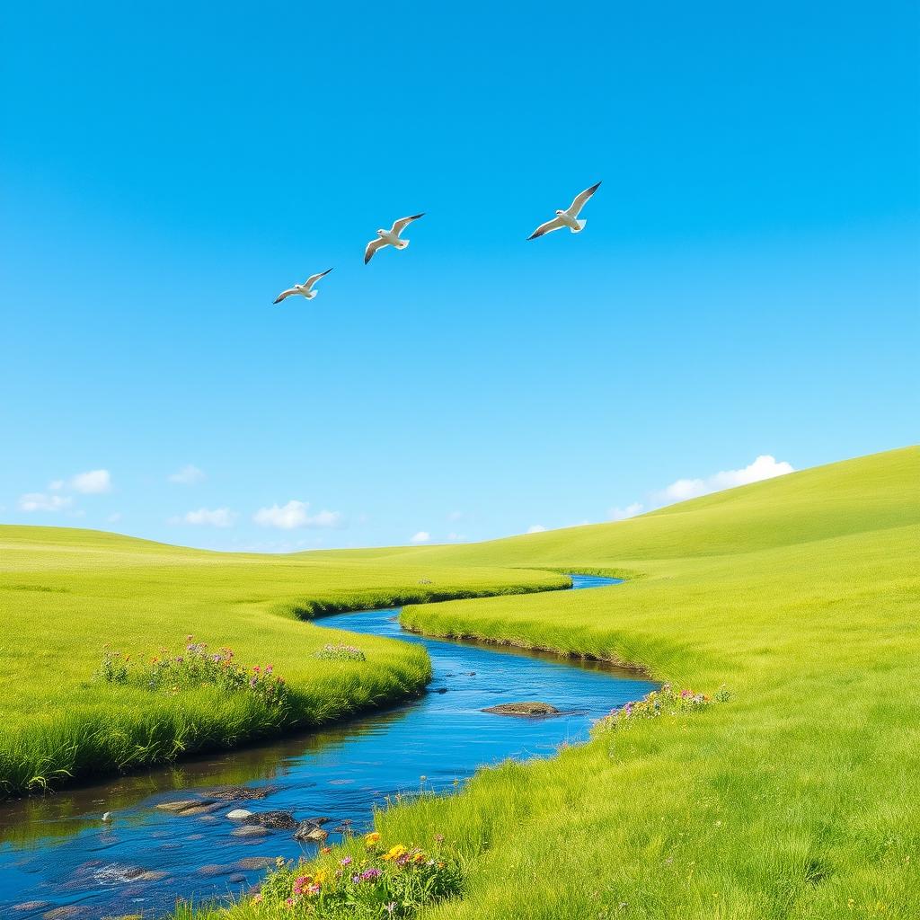 A serene landscape featuring a clear blue sky, a lush green meadow, and a gentle stream flowing through it