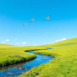 A serene landscape featuring a clear blue sky, a lush green meadow, and a gentle stream flowing through it