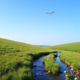 A serene landscape featuring a clear blue sky, a lush green meadow, and a gentle stream flowing through it