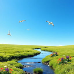 A serene landscape featuring a clear blue sky, a lush green meadow, and a gentle stream flowing through it