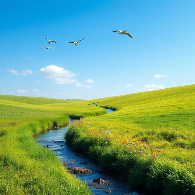 A serene landscape featuring a clear blue sky, a lush green meadow, and a gentle stream flowing through it