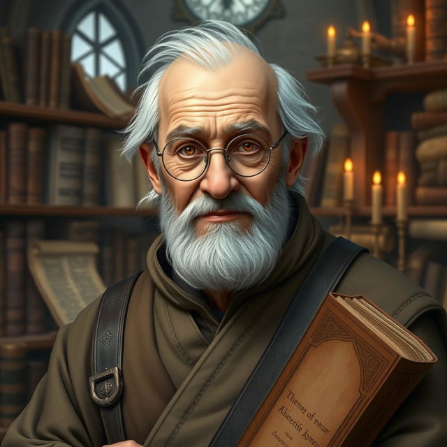 Create an image of Eldrin Faerun, an elderly male historian with a scholarly, yet kind appearance