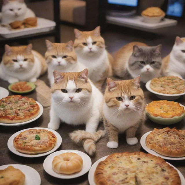 Rotund and charming cats immersed in video games, alongside a variety of delicious food.