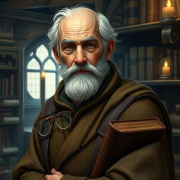 Create an image of Eldrin Faerun, an elderly male historian with a scholarly, yet kind appearance