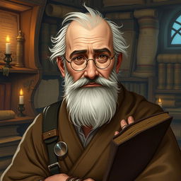 Create an image of Eldrin Faerun, an elderly male historian with a scholarly, yet kind appearance