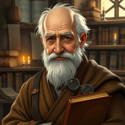 Create an image of Eldrin Faerun, an elderly male historian with a scholarly, yet kind appearance