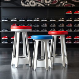 A set of stools designed for a sports shoe store, featuring vibrant colors such as red, blue, and gray