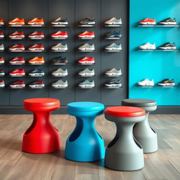 A set of stools designed for a sports shoe store, featuring vibrant colors such as red, blue, and gray