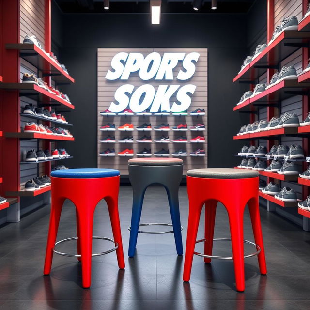 A set of stools designed for a sports shoe store, featuring vibrant colors such as red, blue, and gray