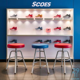 A set of stools designed for a sports shoe store, featuring vibrant colors such as red, blue, and gray