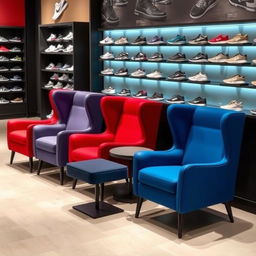 A set of armchairs designed for a sports shoe store, featuring vibrant colors such as red, blue, and gray