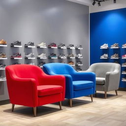 A set of armchairs designed for a sports shoe store, featuring vibrant colors such as red, blue, and gray