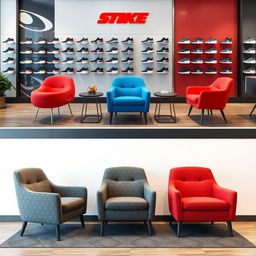 A set of armchairs designed for a sports shoe store, featuring vibrant colors such as red, blue, and gray